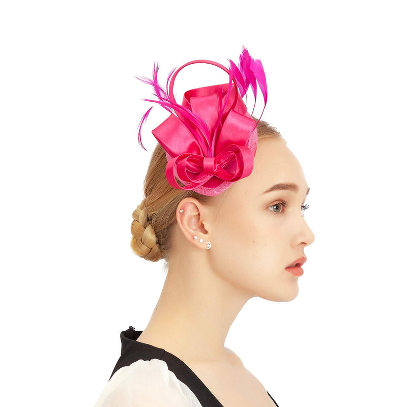 [Australia] - FELIZHOUSE Fascinator Hats Feather Satin Kentucky Derby Tea Party Hat Wedding Church Bridal Headwear for Women Girls #1 Satin Fuchsia 