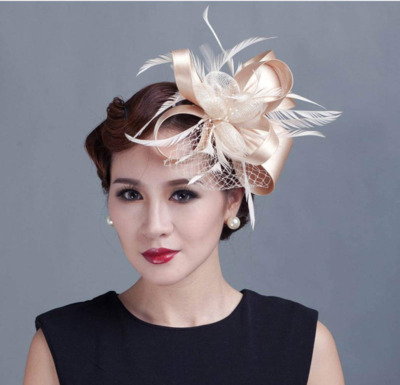 [Australia] - elaine_closet Cambric Fascinator Wedding Evening Party Derby Hat with Veil Feather Hair Clip Champagne 