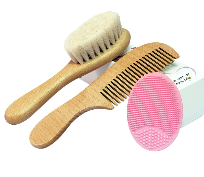 [Australia] - Mocarheri 3 Piece Baby Hair Brush & Comb Set, Goat Bristles Brush and Silicone Hair Massage Brush for Cradle Cap Treatment Wood Bristle Brush for Newborns and Toddlers 