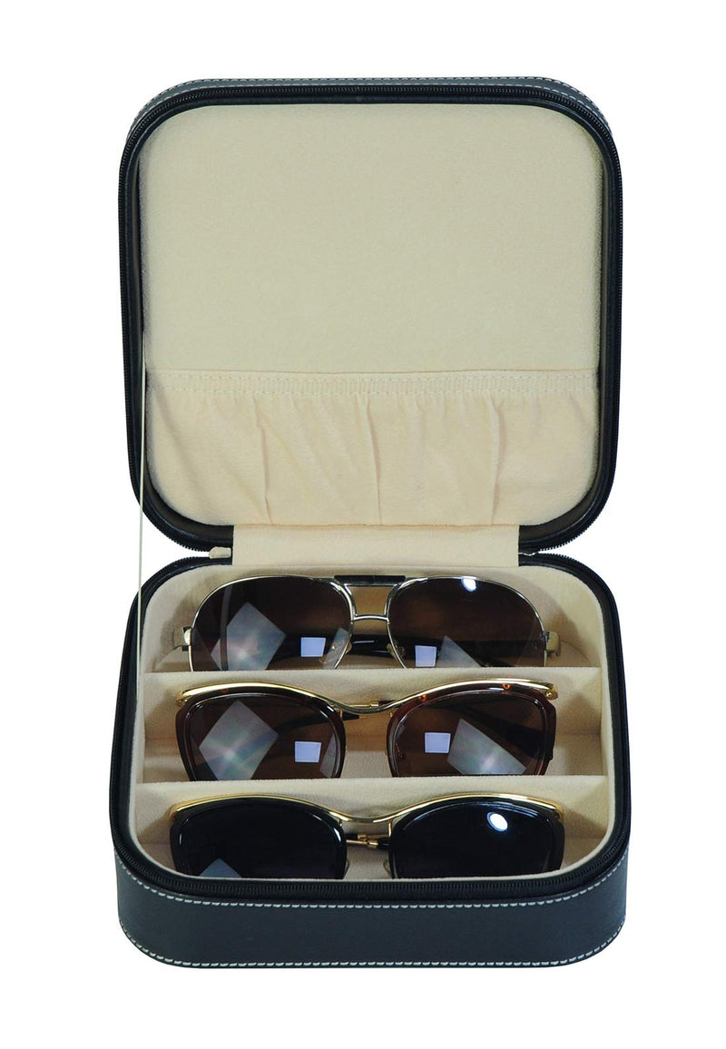 [Australia] - TIMELYBUYS Black 3 Compartment Sunglass Case Jewelry Box Travel Storage Organizer with Pocket Holds Glasses, Rings, Earrings, Necklaces, and Accessories 