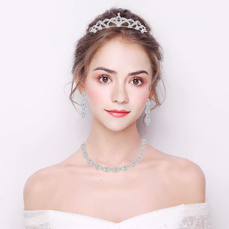 [Australia] - JOERICA Bridal Choker Jewerly Set for Women Silver Bridesmaid Wedding Rhinestone Choker Bracelet and Earrings Set with 5 Pcs Bridal Headband Set C:Style 3 