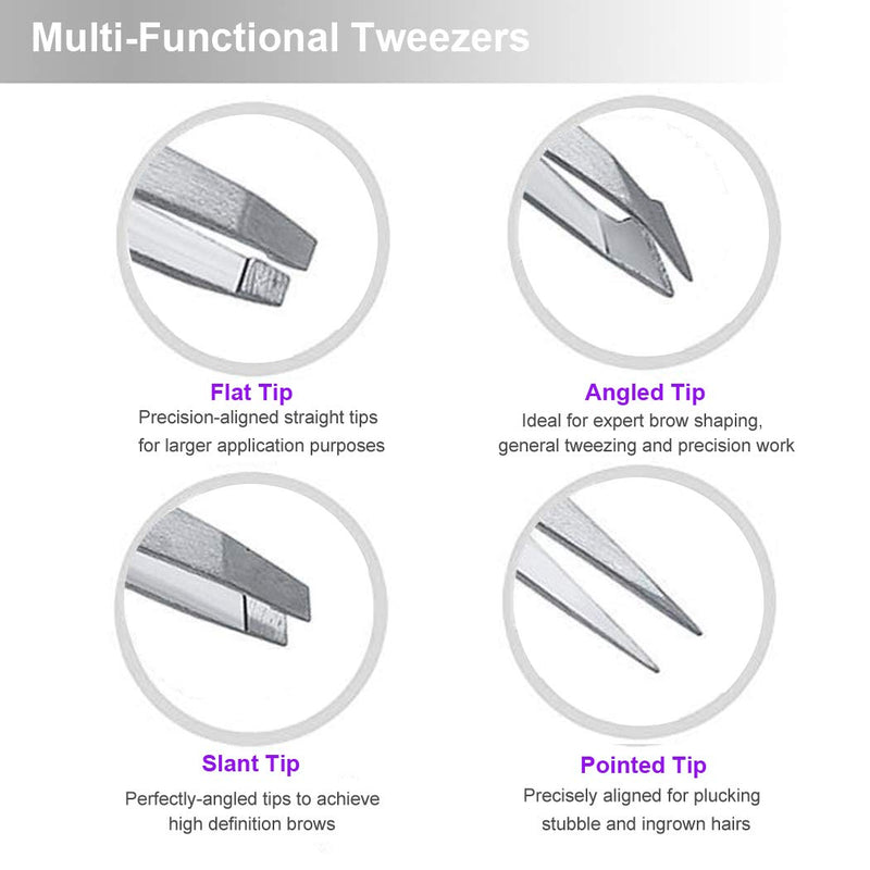 [Australia] - Tweezers for Eyebrows 4 Piece Eyebrow Hair Splinter Slant Tip Precision Pointed Set (Silver) Silver 