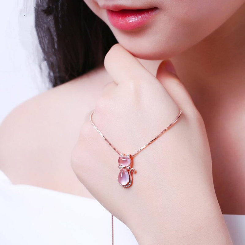 [Australia] - COLORFUL BLING Pink cat Pendant Necklace Ross Stone Quartz Opal Cute Rose Gold Silver Plated Chain Necklace for Women Girls 