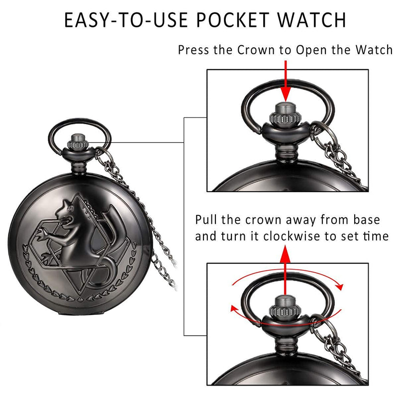 [Australia] - Fullmetal Alchemist Pocket Watch with Chain for Cosplay Accessories Anime Men Brotherhood Watch FMA-Black 