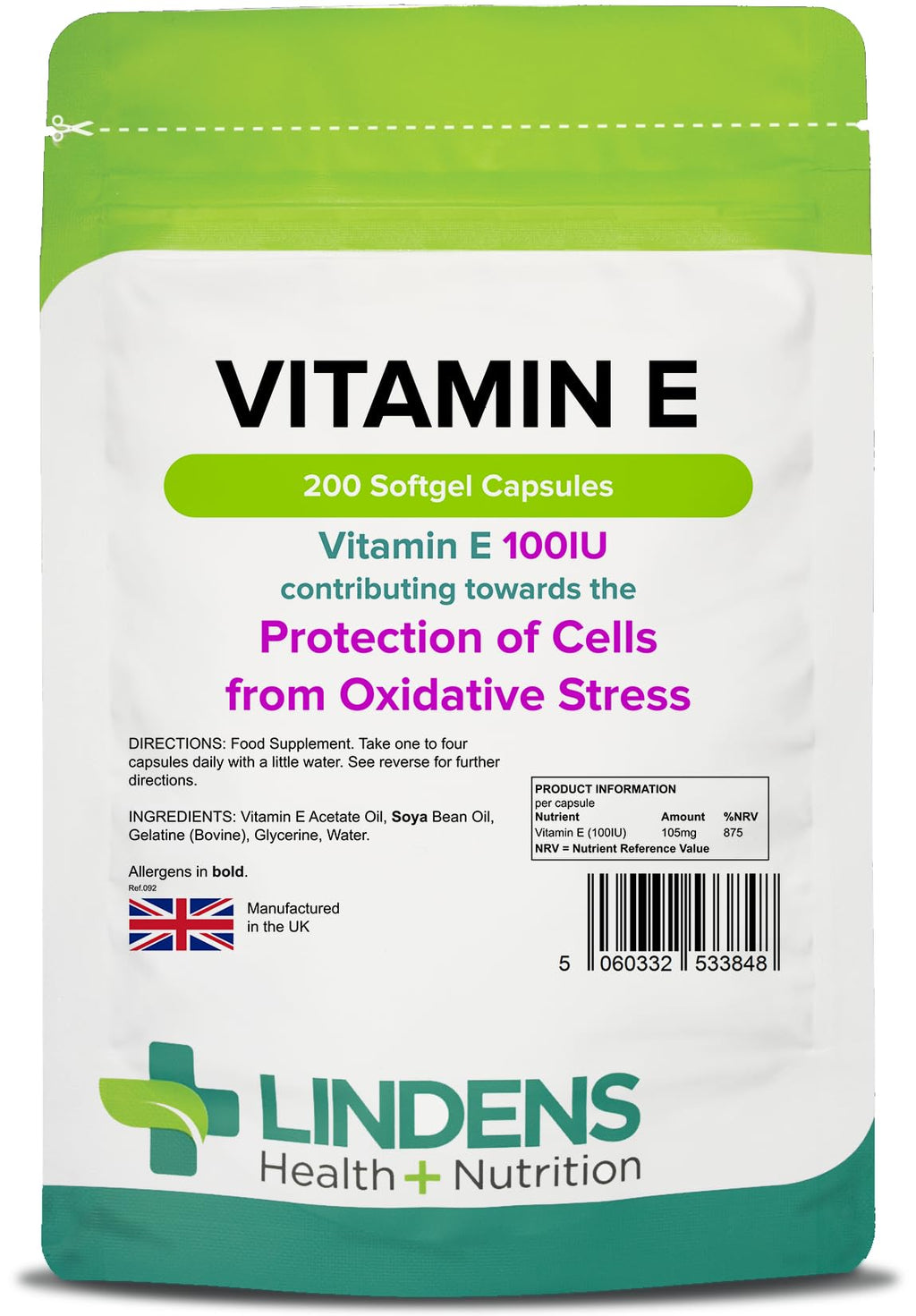 [Australia] - Lindens Vitamin E Oil 100IU - 200 Capsules - UK Made - Skin - Powerful Antioxidant | Protection of Cells from Oxidative Stress | Vitamin E Capsules | Letterbox Friendly 