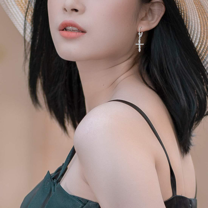 [Australia] - E 925 Sterling Silver Cross Dangle Earrings for Women, Rhodium Plated Hypoallergenic Drop Earrings for Women Sensitive Ears 