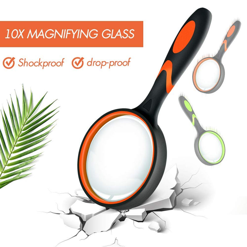 [Australia] - Leffis 2 Pack 10X Magnifying Glass for Seniors & Kids, Non-Slip Handheld Magnifier for Reading, 75mm Magnify Glasses Lens for Close Work, Science and Hobby Observation（Green and Orange 2 Pack(green/Orange) 