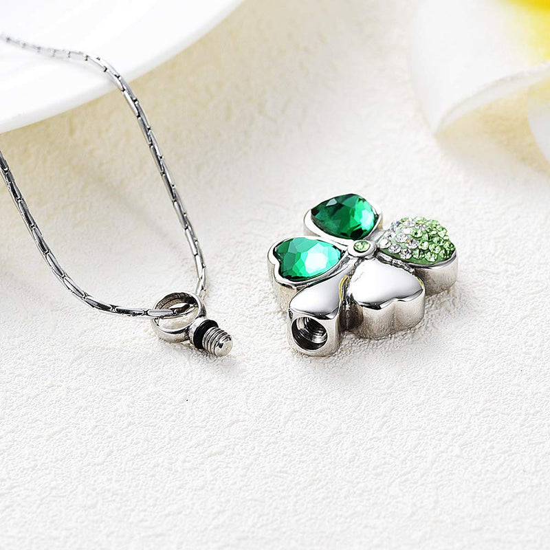 [Australia] - constantlife Cremation Jewelry Memorial Urn Necklace for Ashes Lucky Four-Leaf Clover Design Stainless Steel Pendant Keepsake Silver+Dark Green 