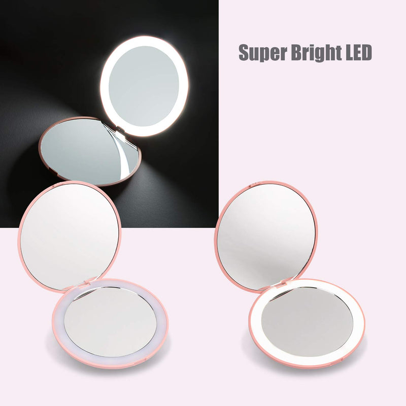 [Australia] - LED Travel Makeup Mirror, 3.5 inch Lighted Compact Mirror, 10X Magnification, Handheld, Double Sided, Portable Folding Mirror for Pocket, Purse, Gift, Pink, Round 3.5" Pink 