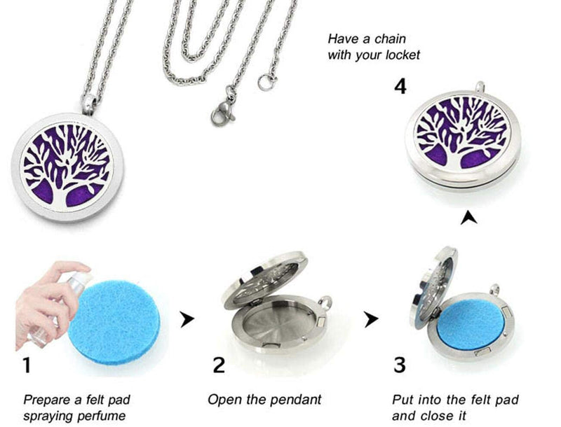[Australia] - Tree of Life Pendant Aromatherapy Essential Oil Diffuser Stainless Steel Locket Pendant Necklace 5 Felt Pads 