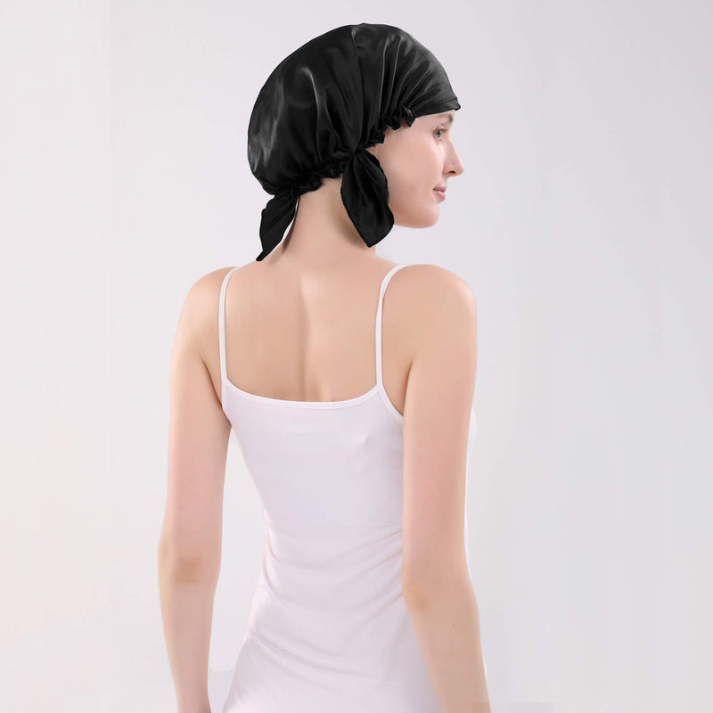 [Australia] - Everkeen 100% Mulberry Silk Night Sleep Cap for Women Hair Beauty Bonnet Sleeping Hat with Adjustable Elastic Ribbon Black 