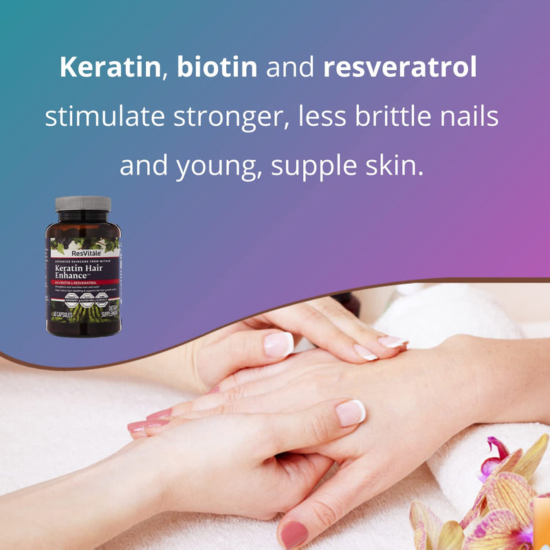 [Australia] - ResVitale Keratin Hair Enhance - Keratin Complex for Hair, Skin and Nails - Keratin Hair Booster with Resveratrol, Biotin, Vitamin B6, & Pantothenic Acid - 60 Veggie Caps 