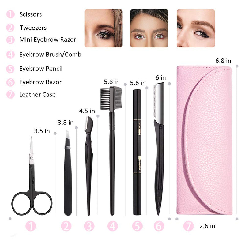 [Australia] - Eyebrow Kit, BOYI 6 in 1 Tweezers for Eyebrows, All-in-one Eyebrow Grooming Set Dermaplaning Tool Eyebrow Razor Brush Scissors Brown Eyebrow Pencil with Leather Pouch (A-Pink) A-Pink 