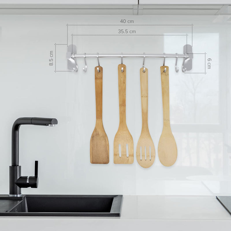 [Australia] - Joejis Kitchen Utensil Rack 40cm - Aluminium Kitchen Rail with 8 Hanging Hooks - Wall Mount Strong 3M Self Adhesive - No Drill Space-Saving Tool Holder - Silver 