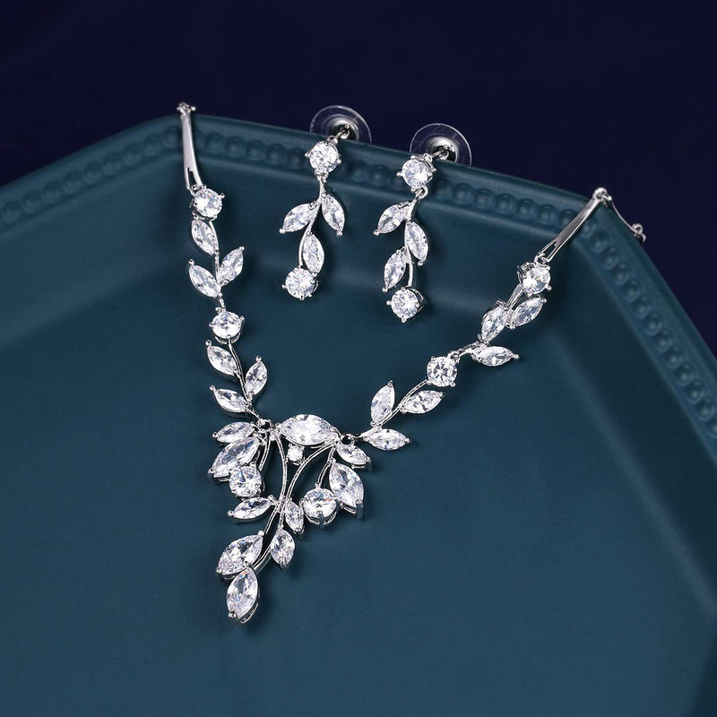 [Australia] - WeimanJewelry Women Marquise Cut Cubic Zirconia Leaf Bridal Y-Necklace and Dangling Earring Jewelry Set for Wedding Silver 