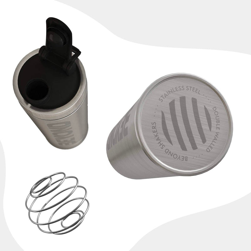 [Australia] - Beyond Fitness Premium Insulated Stainless Steel Protein Mixer Shaker Supplement Bottle - Metal and BPA Free Brushed Steel 