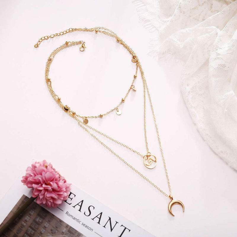 [Australia] - YienDoo Bohemia Necklace Vintage Sequin Wave Crescent Pendant Gold Chain Jewelry for Woman and Girls 