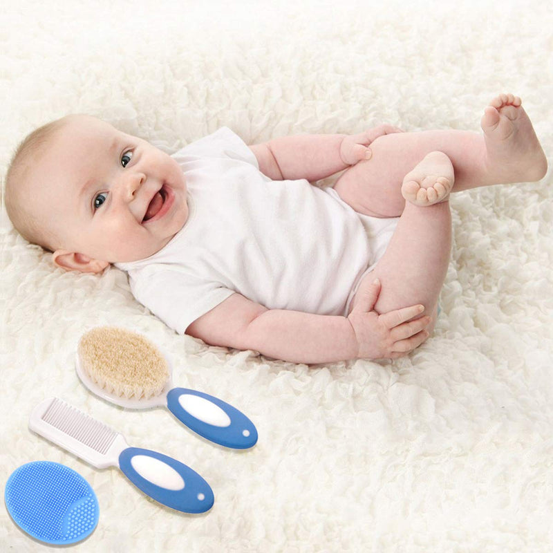 [Australia] - Baby Hair Brush and Comb Set for Newborns & Toddlers | Natural Soft Goat Bristles | Ideal for Cradle Cap | Perfect Baby Registry Gift (Blue) Blue 