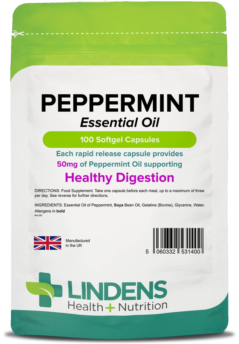[Australia] - Lindens Peppermint Oil 50mg Capsules - 100 Pack - Essential Oil of Peppermint Supporting Healthy Digestion. - UK Manufacturer, Letterbox Friendly 100 Count (Pack of 1) 