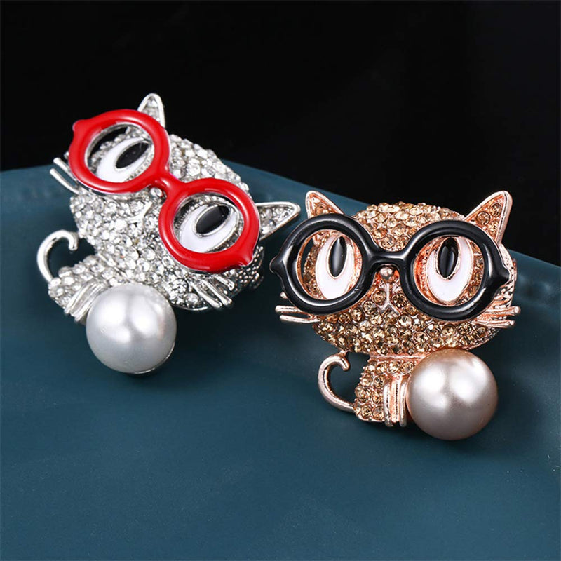 [Australia] - ETHOON Cute Cat Brooch Pin Glasses Fortune Cat with Imitation Pearl Lapel Pin for Girls Boys Women Men Gold 