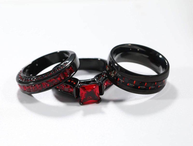 [Australia] - ringheart 2 Rings His and Hers Couple Rings Black Rings Red Cz Womens Wedding Ring Sets Titanium Steel Mens Wedding Bands women's size 6 & men's size10 