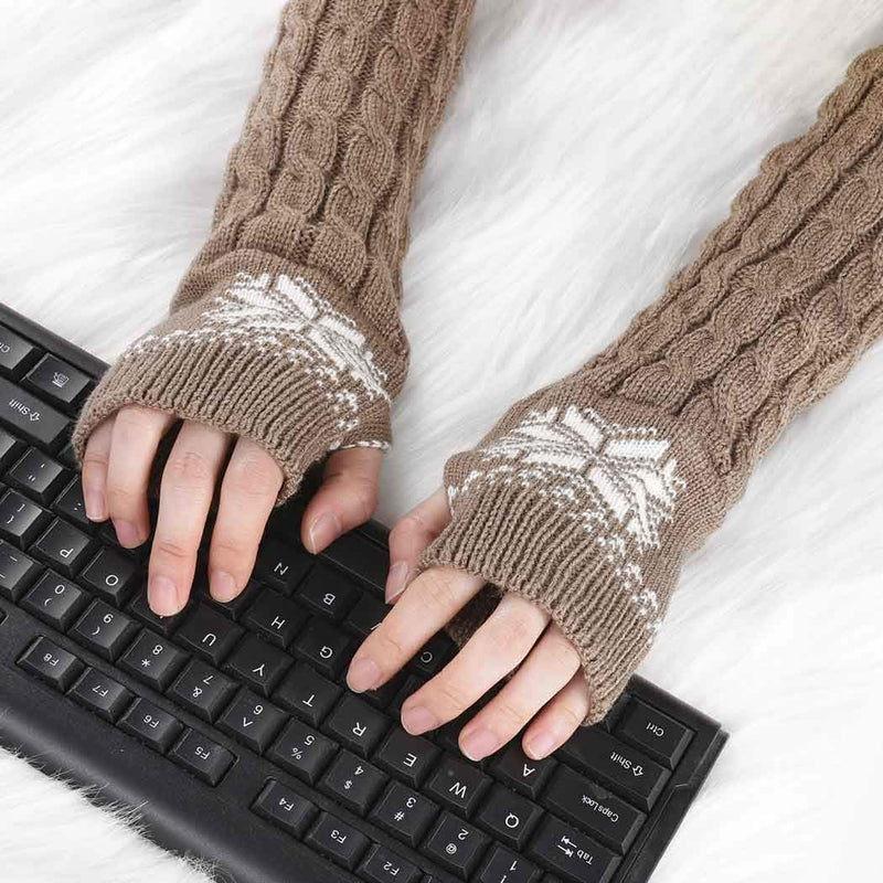 [Australia] - Urieo Winter Arms Warmers Khaki Acrylic Fibres Knit Warm Thumb Hole Gloves Mittens Decorative Pattern Cozy Long Fingerless Gloves for Women and Girls 