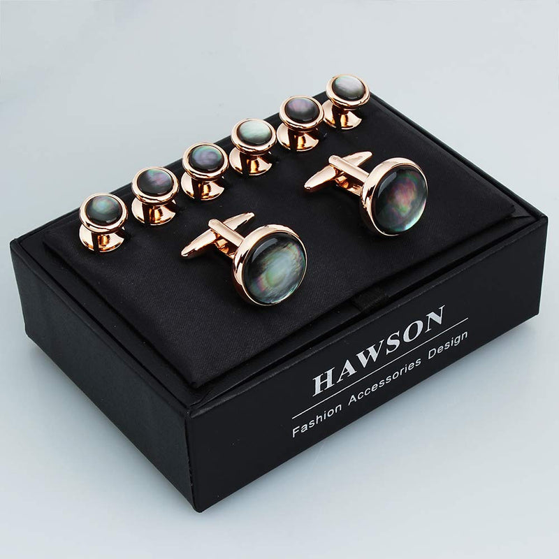 [Australia] - Mens Mother of Pearl Cufflinks and Dress Studs Set for Wedding Party Rose Gold & Black Lip Shell Stone 