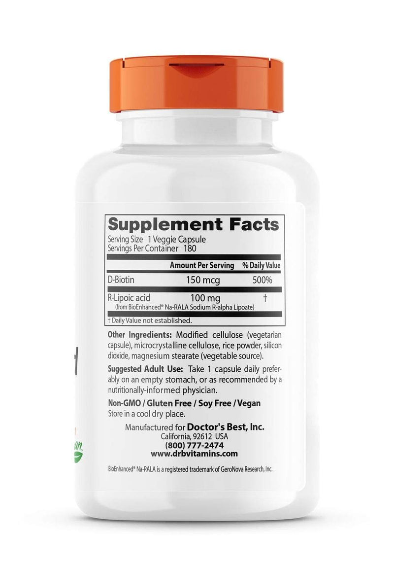 [Australia] - Doctor's Best Stabilized R-Lipoic Acid with BioEnhanced Na-RALA, Non-GMO, Gluten Free, Vegan, Helps Maintain Blood Sugar Levels, 100 mg, 180 Count 