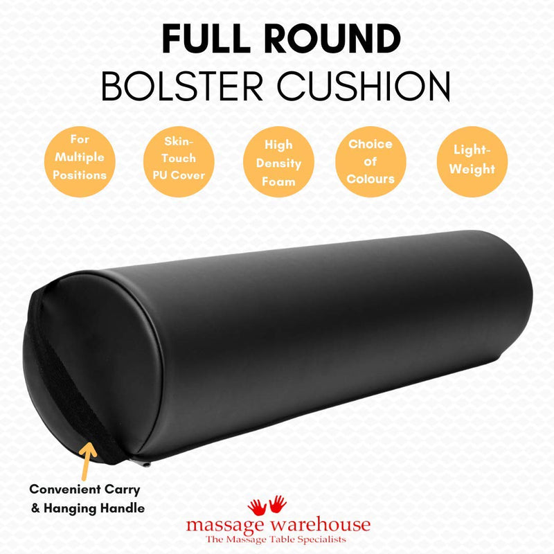 [Australia] - Skin-Touch® Luxurious PU Upholstery Premium Quality Massage Table Bolster Support Cushions - Carry Handle + Selection of Colours/Sizes-Wedge, Knee, Neck, Shoulder, Full/Half Round (Full Round, Black) Full Round 