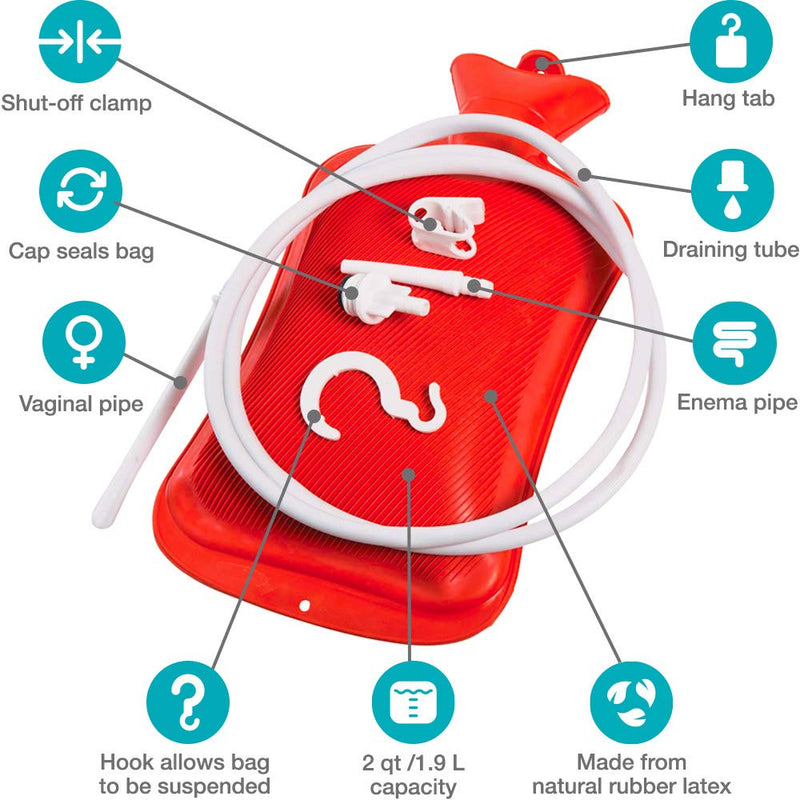 [Australia] - MABIS Reusable Hot Water Bottle, Enema and Douche Kit Helps to Alleviate Pain Associated with Constipation, Bloating, Aches and Pains, 2 Quart Capacity, 42-842-000, Red, One 