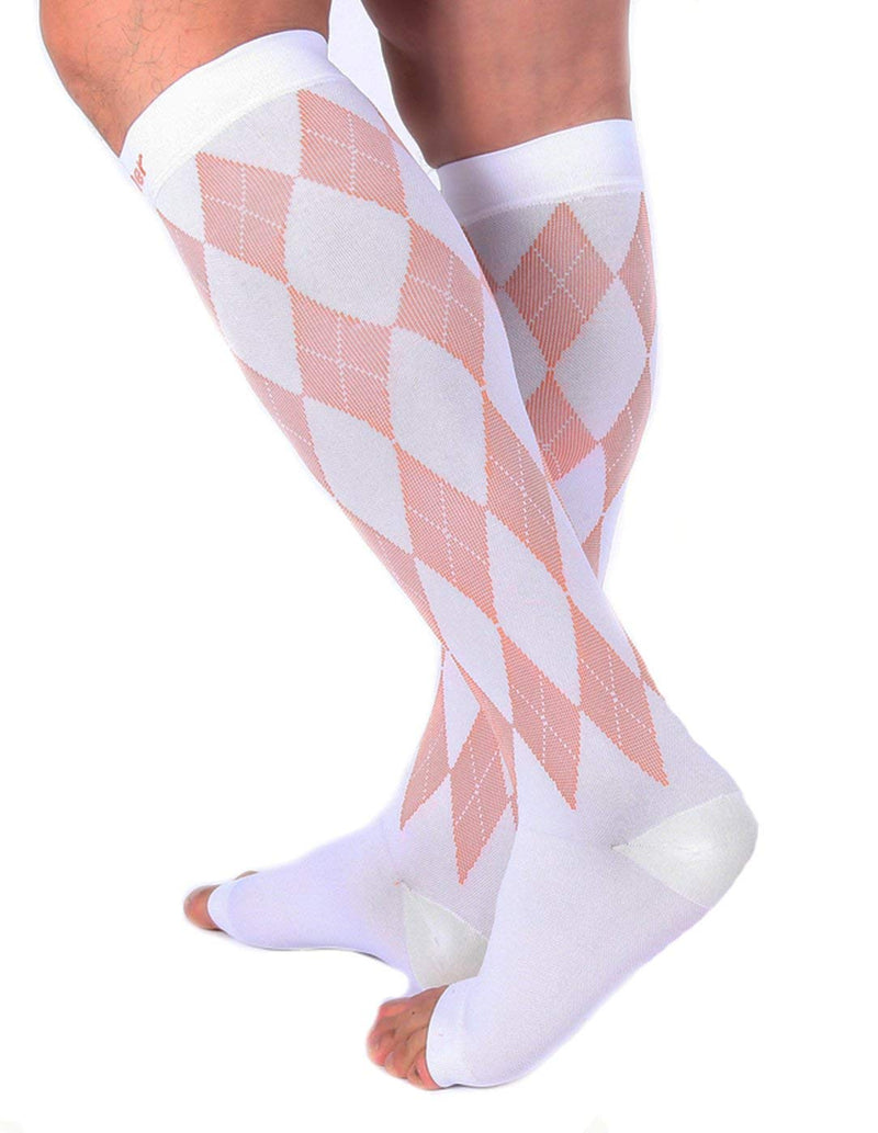 [Australia] - Doc Miller Open Toe Compression Socks Women 20-30mmHg, 1 Pair Toeless Socks for Women and Men - Argyle Design X-Large White.orange Open Toe 