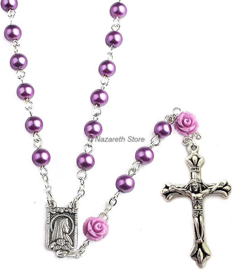 [Australia] - Nazareth Store Catholic Purple Pearl Beads Rosary Necklace Our Rose Lourdes Medal & Cross NS 