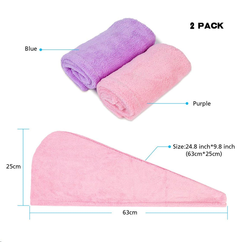 [Australia] - Microfiber Towel Wrap for Hair Quick Dry Hair Turban Soft Super Absorbent Hair Towel Wrap for Women Girl Long Thick & Curly Hair 2 Pack (Pink & Purple) 