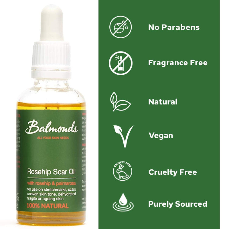 [Australia] - Balmonds Rosehip Scar Oil 50ml - Cold Pressed 100% Natural Oil - Removes Scars, Skin Markings, Uneven Skin Tone, Acne Scars and Stretch Marks - Hydrating, Nourishing & Moisturising 