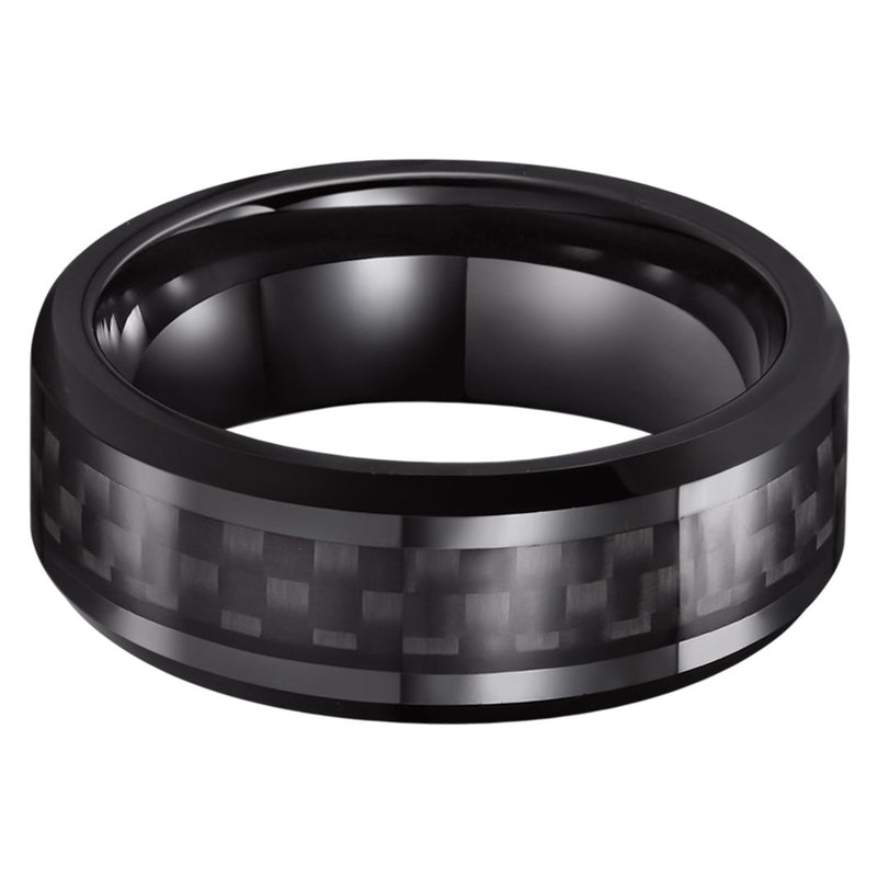 [Australia] - King Will GENTLEMAN 8mm Black Tungsten Carbide Ring Black/Red/Green/Blue Carbon Fiber Inlay Polished Finish Edges Comfort Fit 6 