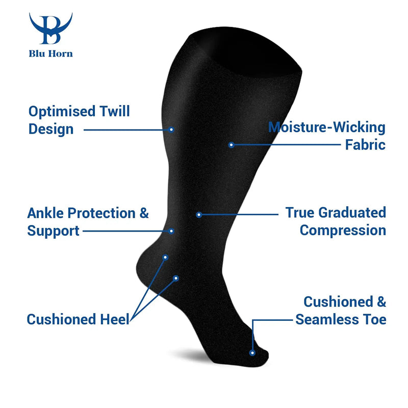 [Australia] - BLU HORN Knee High Compression Socks for Women and Men 20-30 mmHg - Everyday Use Improves Blood Circulation, Relieves Pain & Swelling XX-Large Black 