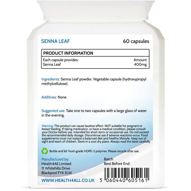[Australia] - Senna Leaf 400mg 60 Capsules (V) (not Tablets) Purest: no additives. Natural Vegan Herbal Overnight Relief. Made in The UK by Health4All 60 Count (Pack of 1) 