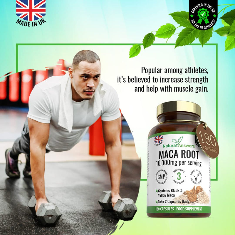 [Australia] - 180 Maca Root Capsules - (3 Months Supply) Vegan 10,000mg Maca Capsules - High Strength Peruvian Black & Yellow Maca Root - Made in The UK 