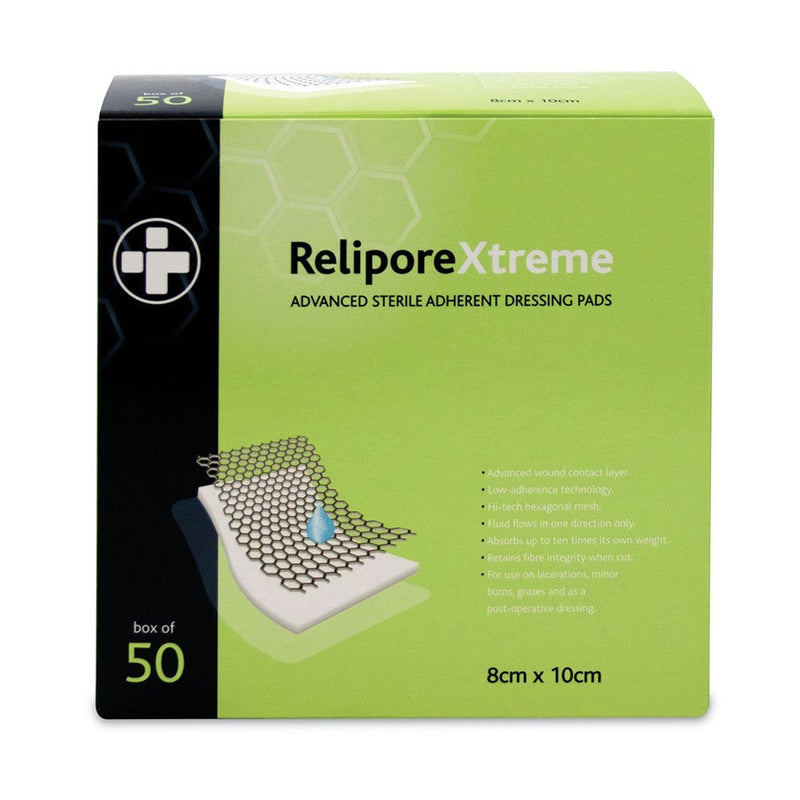 [Australia] - Reliance Medical Sterile Relipore Xtreme Adhesive Dressing Pads, 10 cm Length x 8 cm Width Box of 50 Xtreme Adhesive Dressing Pads 10 x 8cm - Box of 50 