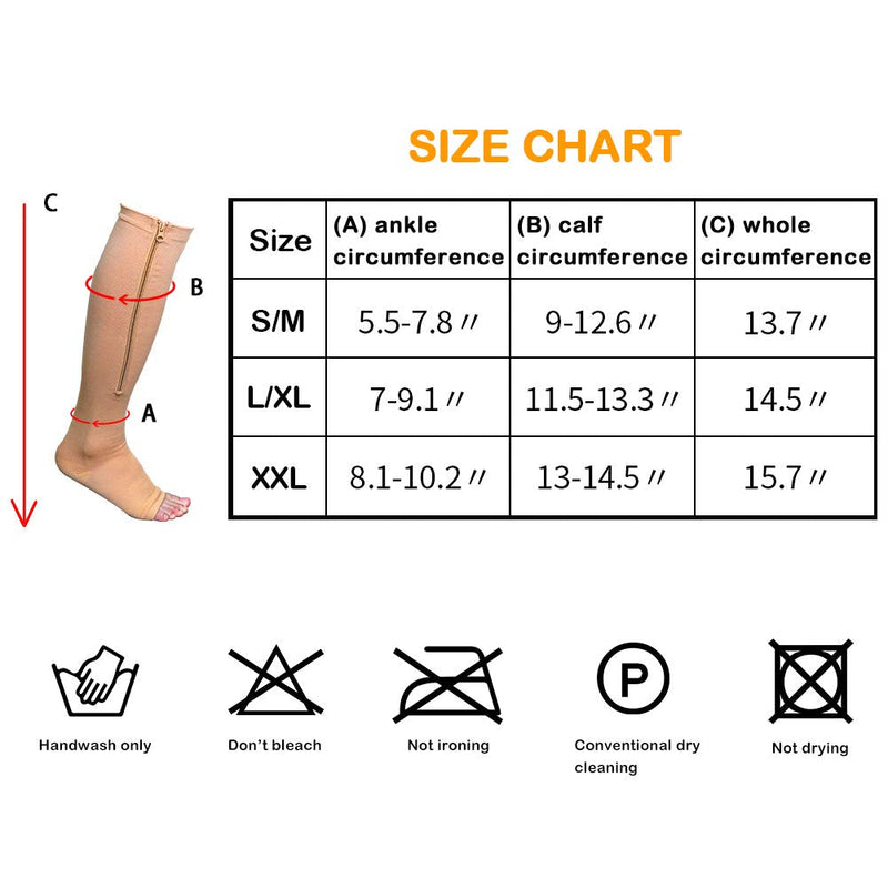 [Australia] - Compression Socks Stretchy Zipper Leg Support Open Toe Knee Stockings Unisex (3 Pairs)(XXL) XX-Large Skin 