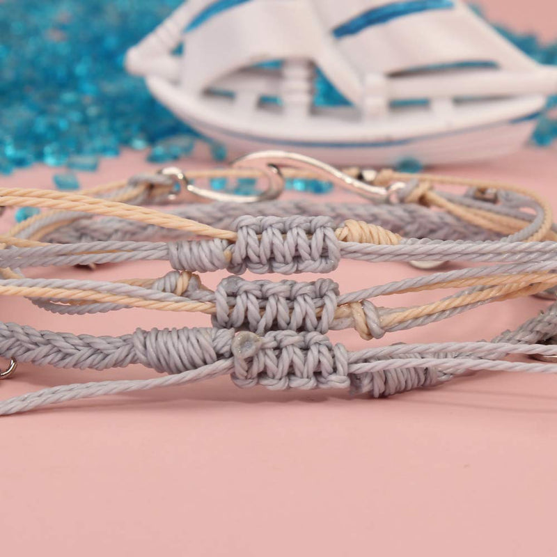 [Australia] - Lynnaneo Waterproof String Anklets Cute Beaded Ankle Bracelets Beach Wave Anklet Stainless Steel Coin Boho Ankle Jewelry for Women Teen Girls Light Grey 