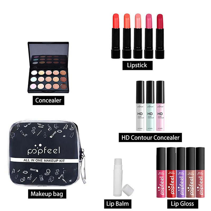 [Australia] - RoseFlower Professional All In One Makeup Kit, Eyeshadow Palette Lip Gloss Contour Concealer With Cosmetic Bag Multi-purpose Beauty Set -birthday gift Travel Portable Long Lasting - 15Pcs/Set 