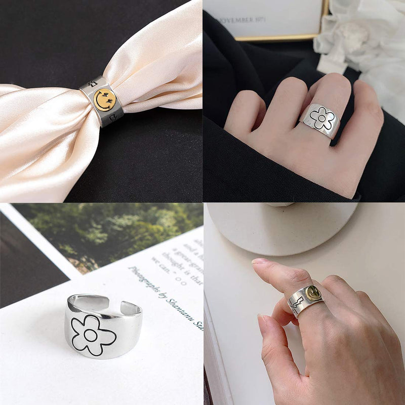 [Australia] - 6pcs Smiley Crying Face Knuckle Ring Set Chunky Adjustable Butterfly Vintage Silver Mushroom Star Flower Ring Pack for Women A: 6pcs Silver&Gold 