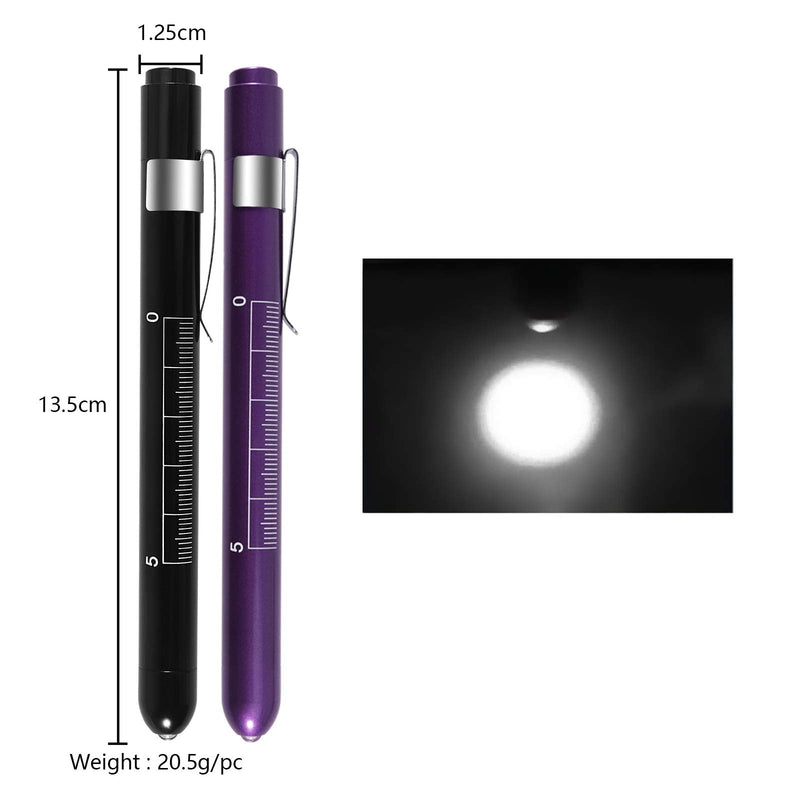 [Australia] - ALMOCN 2 Pack Pen Light,Nurse Medical Reusable LED Penlight White Light with Pupil Gauge and Ruler,Black and Purple Black and Purple 