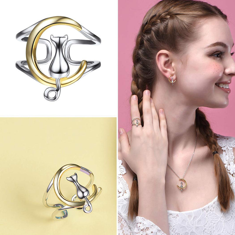 [Australia] - Women Cat Ring 925 Sterling Silver 18K Gold Plated Cat on the Moon Cute Wrap Ring Adjustable Crescent Moon Cat 