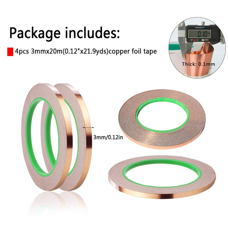 [Australia] - 4 Pack Copper Foil Tape,Copper Tape Double-Sided Conductive Adhesive for EMI Shielding,Paper Circuits,Electrical Repairs,Grounding(1/8"x21.9yards) 