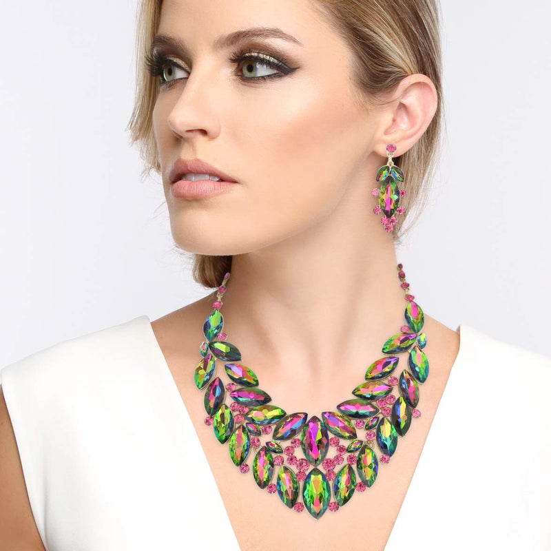 [Australia] - SP Sophia Collection Drop Collar Austrian Crystal Marquise Rhinestone Cluster Necklace and Stud Post Dangling Earring Set Rainbow 