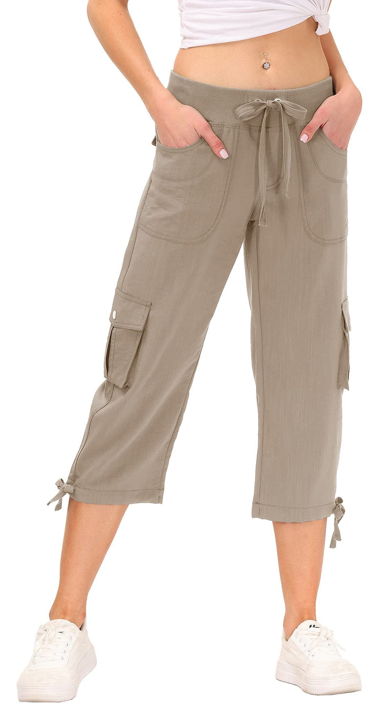 [Australia] - MoFiz Women's Relaxed-Fit Capri Pants 3/4 Length Cropped Trousers Casual Sports Pants with Cargo Pockets M Khaki 