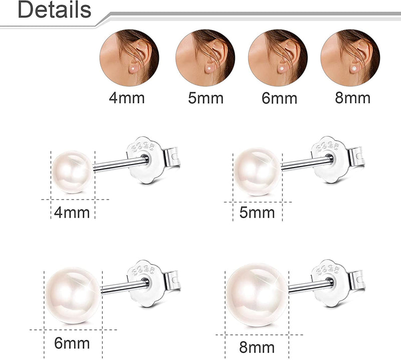 [Australia] - Milacolato 4Pairs 4-8mm 925 Sterling Silver Pearl Stud Earrings Set for Women Pearl Simple Freshwater Pearl Earrings for Women with Gift Box 