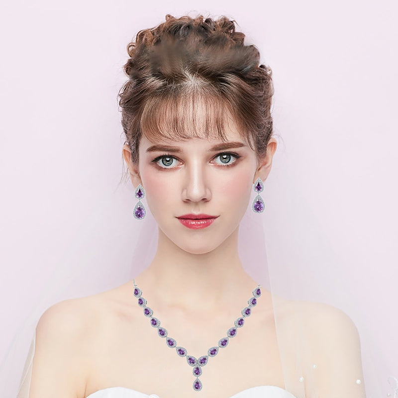 [Australia] - BriLove Women's Wedding Bridal Teardrop CZ Infinity Figure 8 Y-Necklace Dangle Earrings Set Amethyst Color Silver-Tone 